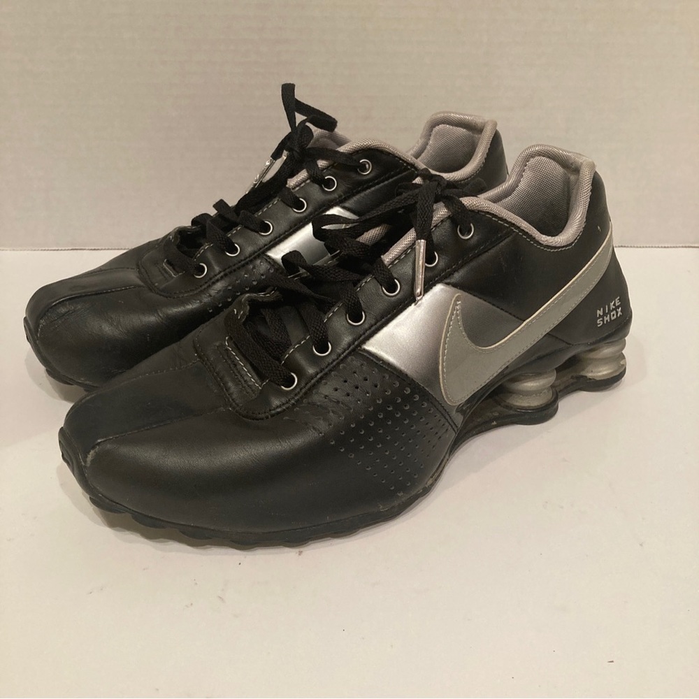 Nike Shox 317549-002 Black Metallic Silver Leather Sneakers Shoes Women Sz 7.5